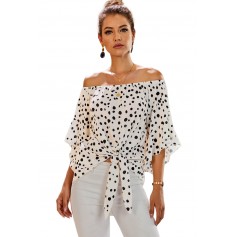 White Polka Dot 3/4 Bell Sleeve Off Shoulder Front Tie Knot Top