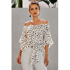 White Polka Dot 3/4 Bell Sleeve Off Shoulder Front Tie Knot Top
