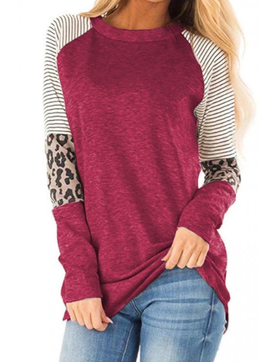 Red Striped and Leopard Color Block Sleeves Top