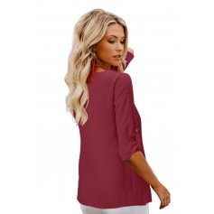 Red Button Detail Roll up Sleeve Blouse