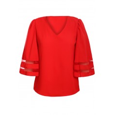 Red Flare Sleeve V Neck Loose Blouse