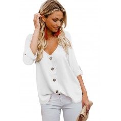 White Button Detail Roll up Sleeve Blouse