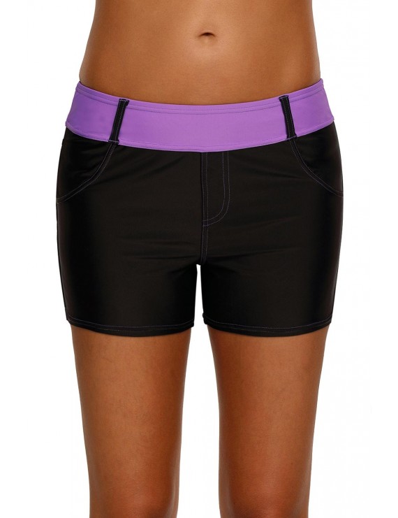 Purple Waistband Faux Denim Sports Shorts