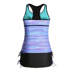 Purplish Filtered Stripe Mesh Racherback Tankini Swimsuit