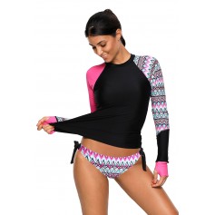 Contrast Rosy Detail Long Sleeve Tankini Swimsuit