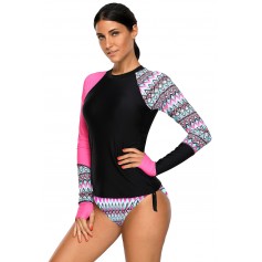 Contrast Rosy Detail Long Sleeve Tankini Swimsuit