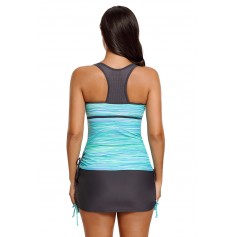 Greenish Filtered Stripe Mesh Racherback Tankini Swimsuit