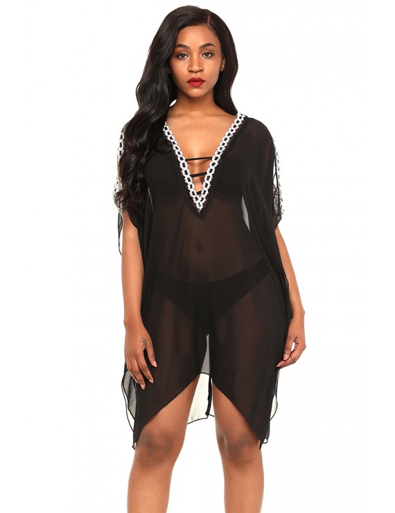 Delicate Embroidery Black Cold Shoulder Sheer Mesh Cover Up