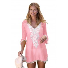 Pink Crochet Pom Pom Trim Beach Tunic Cover up