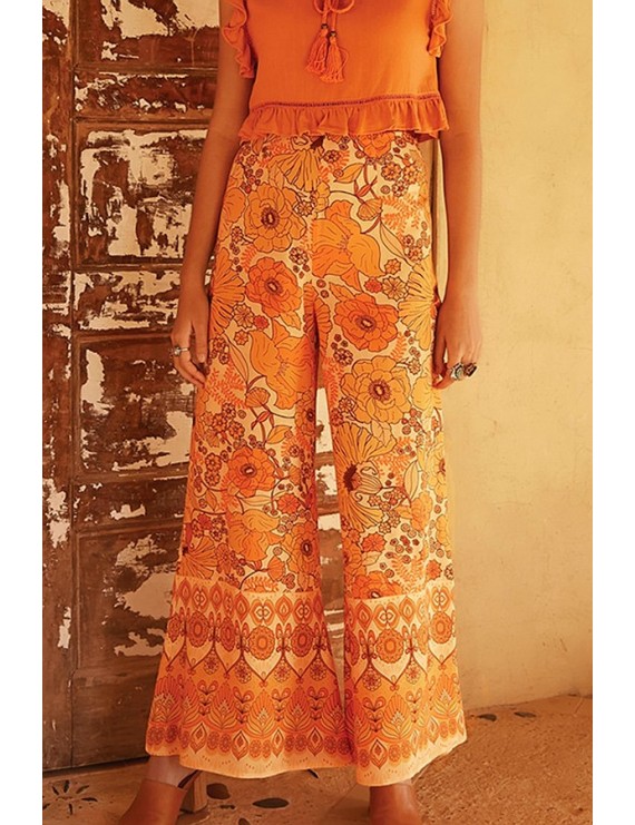 Orange Floral Print High Waist Casual Wide Leg Pants