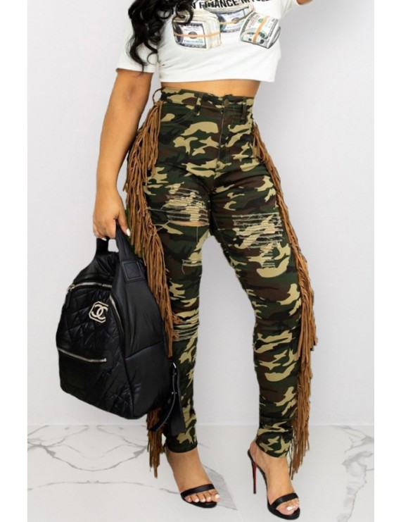 Army-green Camo Fringe Ripped Casual Pants