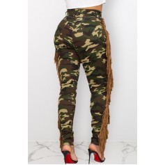Army-green Camo Fringe Ripped Casual Pants
