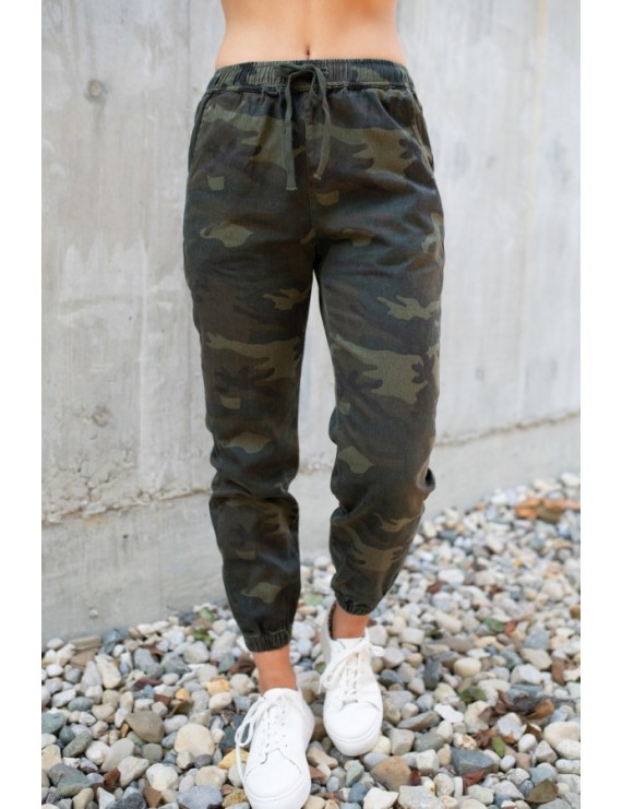 Army-green Camo Drawstring Pocket Casual Pants