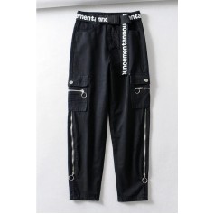 Black O Ring Zipper Belt Casual Cargo Pants