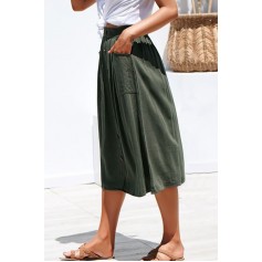 Army-green Button Up Pocket Casual Midi A Line Skirt
