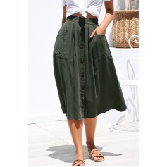 Army-green Button Up Pocket Casual Midi A Line Skirt