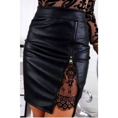 Black Faux Leather Zipper Up Sexy Bodycon Skirt