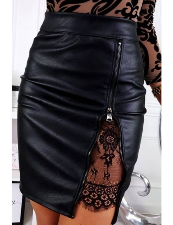 Black Faux Leather Zipper Up Sexy Bodycon Skirt