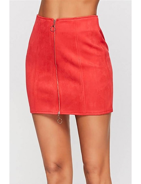 Red Zipper Up High Waist Sexy Bodycon Mini Skirt