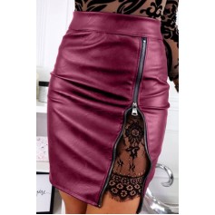 Hot-pink Faux Leather Zipper Up Sexy Bodycon Skirt