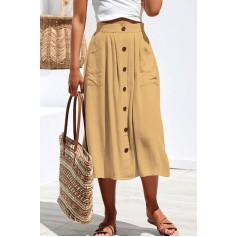 Yellow Button Up Pocket Casual Midi A Line Skirt