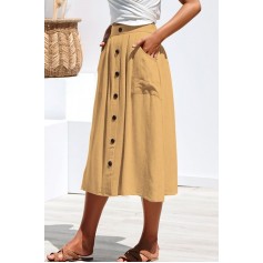Yellow Button Up Pocket Casual Midi A Line Skirt