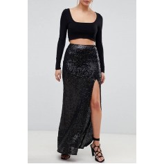Black Sequins Slit High Waist Sexy Bodycon Maxi Skirt