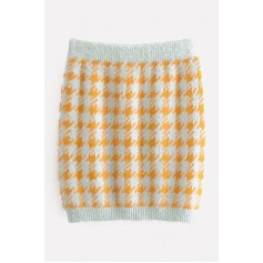 Orange Houndstooth Elastic Waist Chic Mini Sweater Skirt
