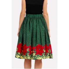 Green Floral Print Elastic Waist Christmas Skirt