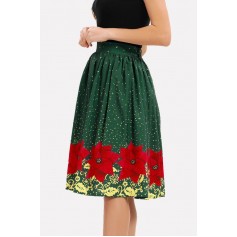 Green Floral Print Elastic Waist Christmas Skirt