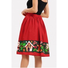 Red Graphic Print Elastic Waist Christmas Skirt