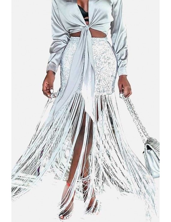 Silver Sequins Tassels High Waist Sexy Maxi Skirts