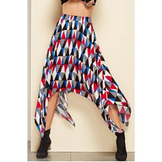 Red Geometric Print Asymmetric Hem Casual Skirt