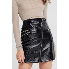 Black Patent Leather O Ring Zipper Up Chic Skirt