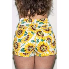 High Waist Sunflower Print Casual Denim Shorts