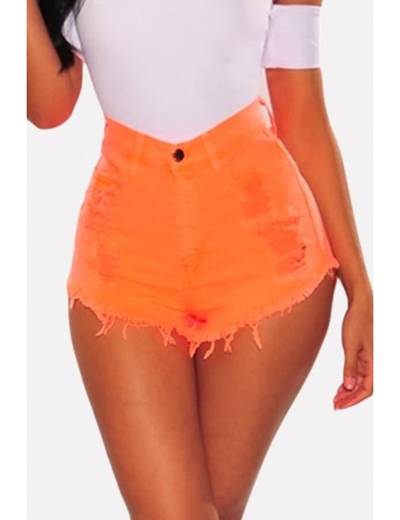 Orange Ripped Raw Hem High Waist Sexy Denim Shorts
