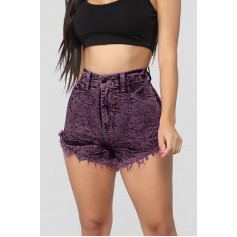 Purple Pocket Raw Hem High Waist Casual Denim Shorts
