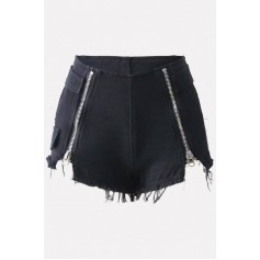 Black Raw Hem Zipper High Waist Sexy Denim Shorts