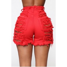 Red Ripped Raw Hem High Waist Sexy Denim Shorts