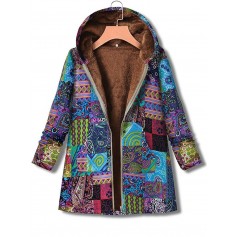 Hooded Ethnic Print Long Sleeve Fleece Vintage Coat