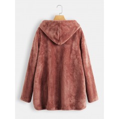 Fleece Side Button Solid Color Hooded Coat For Women