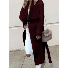 Solid Color Turn-down Collar Long Coat For Women
