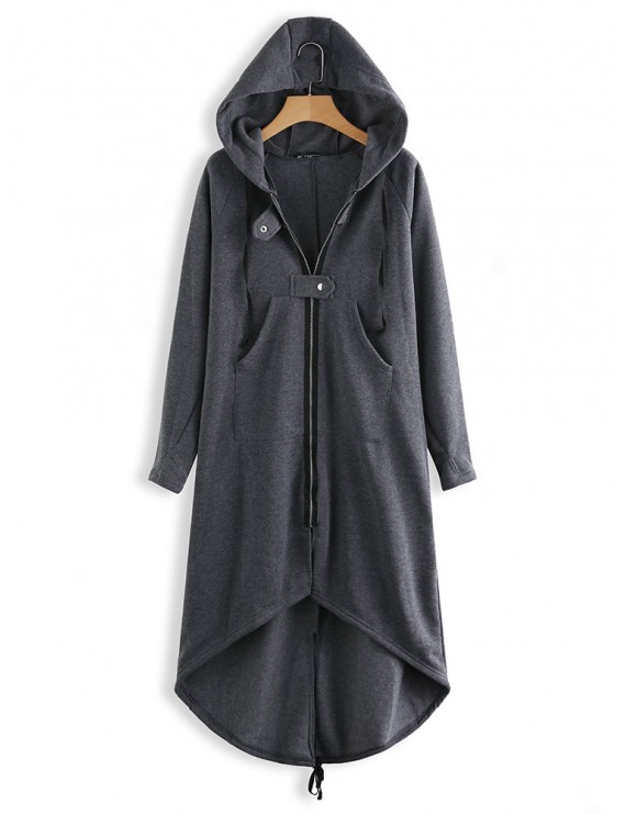 Women Zipper Long Sleeve Irregular Hem Hooded Coat