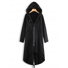 Women Zipper Long Sleeve Irregular Hem Hooded Coat