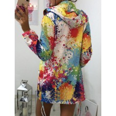 Hooded Multi-color Print Long Sleeve Thin Coat