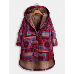 Vintage Ethnic Print Quilted Fleece Hooded Button Winter Coat