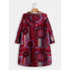 Vintage Ethnic Print Quilted Fleece Hooded Button Winter Coat