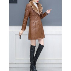 PU Leather Plus Velvet Thick Fur Collar Coat