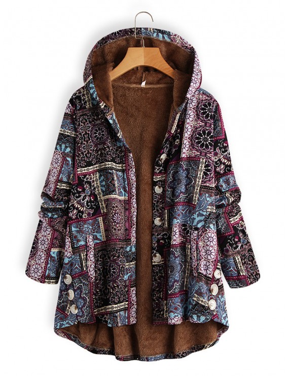 Side Button Ethnic Print Hooded Long Sleeve Vintage Coat