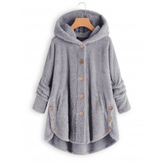 Fleece Hooded Asymmetrical Hem Button Coat